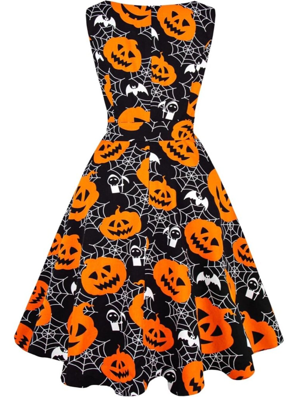 Women's Pumpkin V Neck Sleeveless Vintage Zipper Cocktail Halloween Dress - Picture 2 of 5